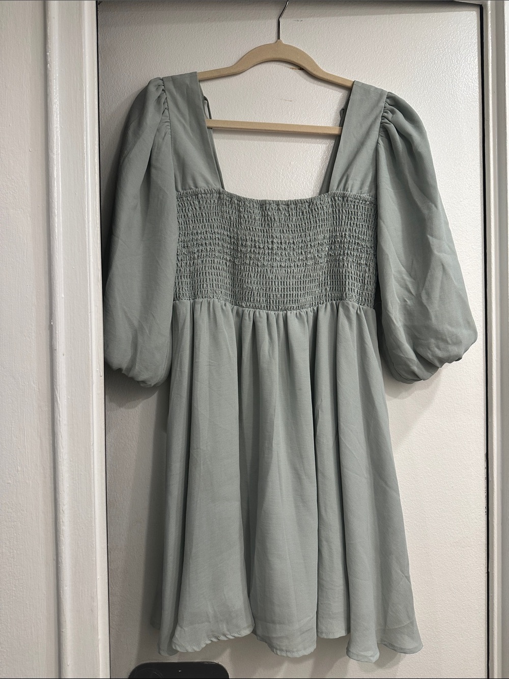 Forever 21 Puff Sleeve Smocked Mini Dress in Sage
